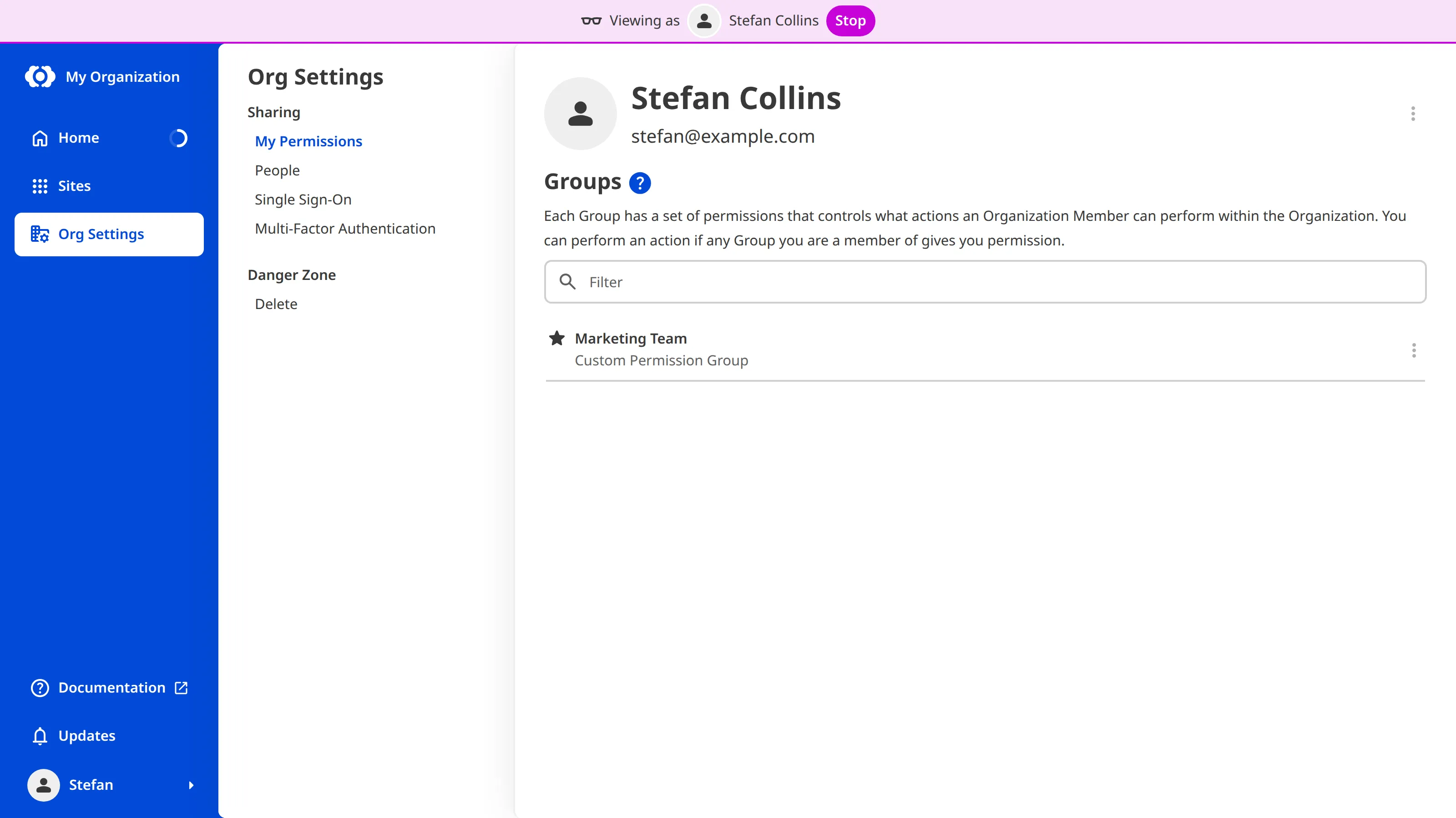 A screenshot of CloudCannon shows the Viewing as banner pinned to the top of the page, with the sidebar and Org Settings reduced to the options the viewed Organization Member's permissions allow.