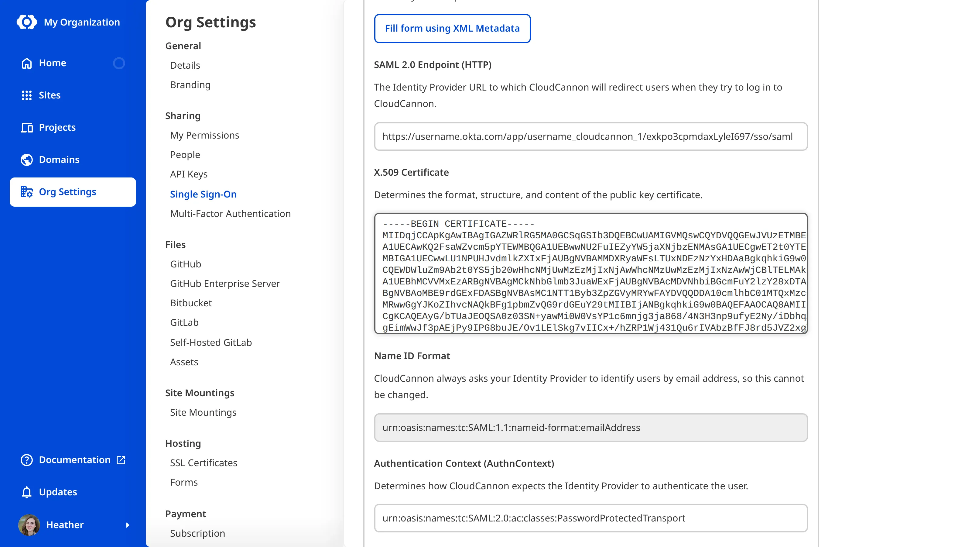 The SSO page A screenshot of the CloudCannon Single Sign-On page under Org Settings.