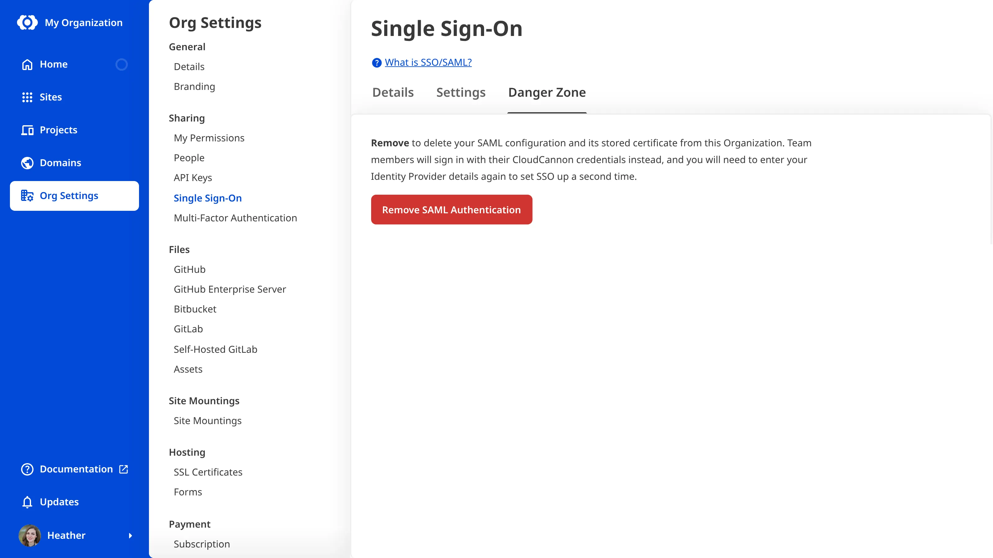 A screenshot of the Danger Zone Tab on the Single Sign-On page shows the Remove SAML Authentication button.