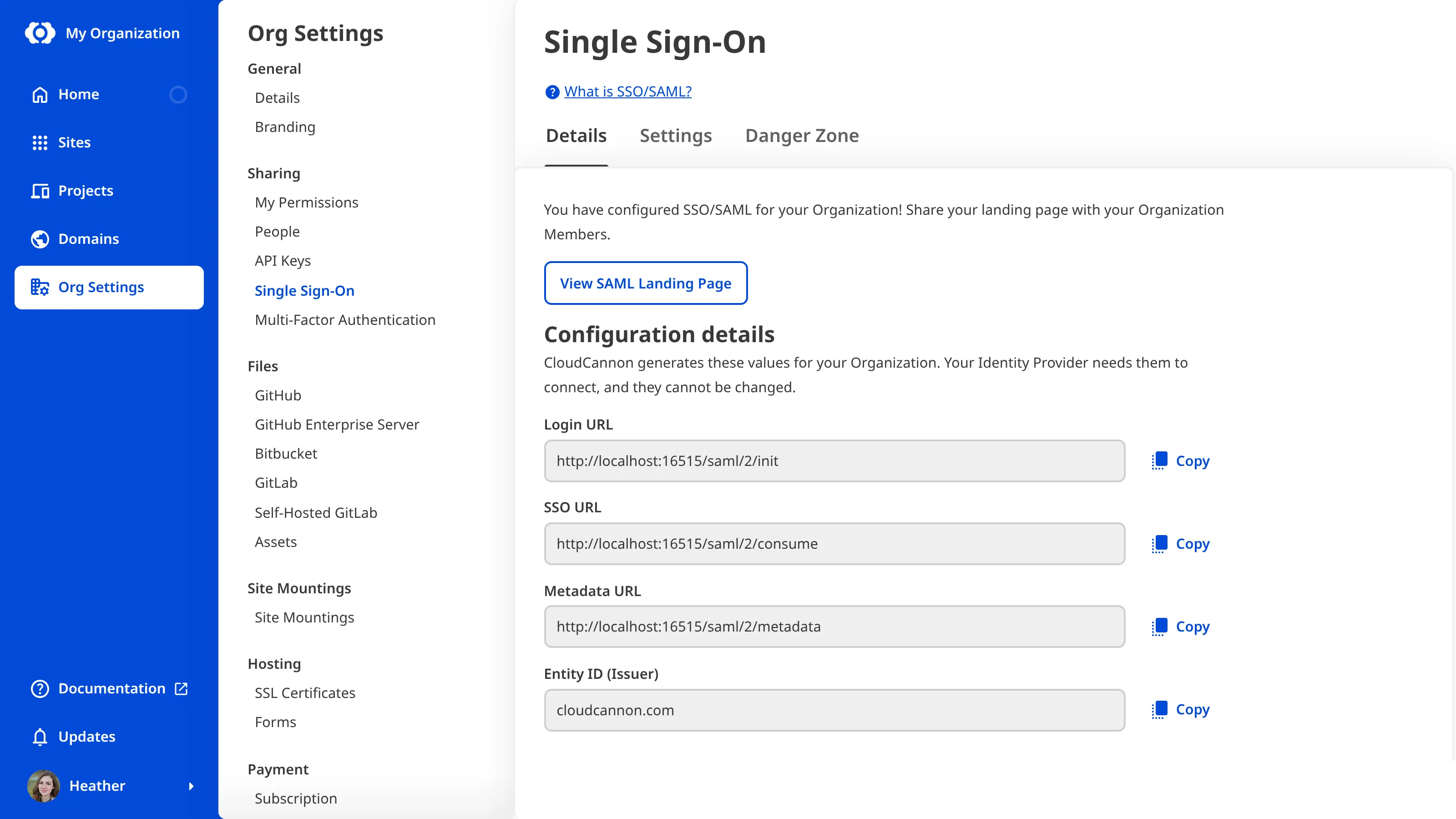 A screenshot of the Details Tab on the Single Sign-On page shows the details of your SSO configuration.