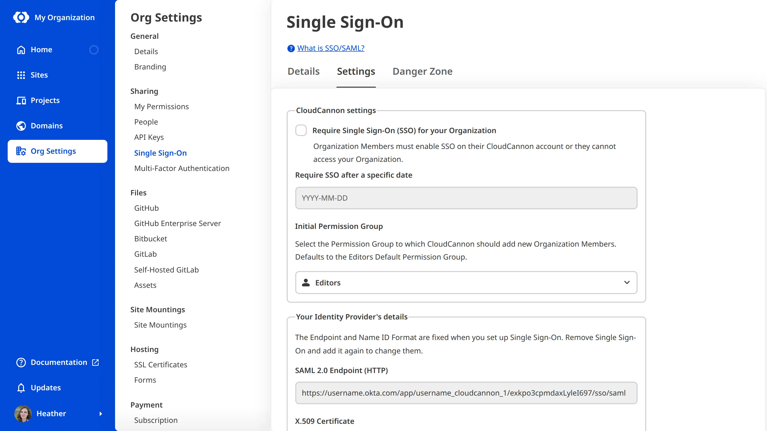 A screenshot of the Settings Tab on the Single Sign-On page shows the Require Single Sign-On (SSO) for your Organization checkbox.