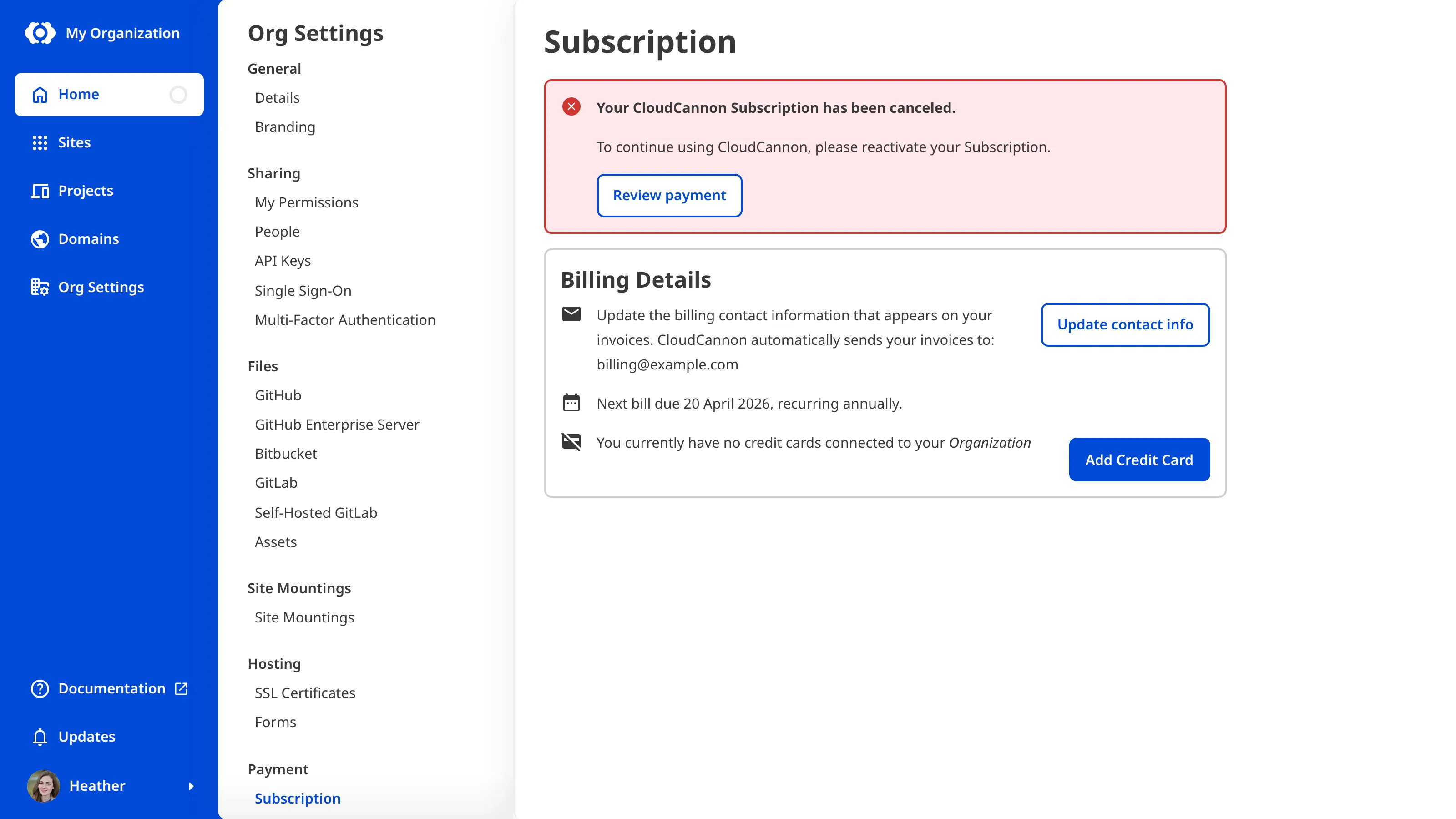 A screenshot of the Subscription page in CloudCannon shows a notice that the subscription has been canceled, with a Review payment button.