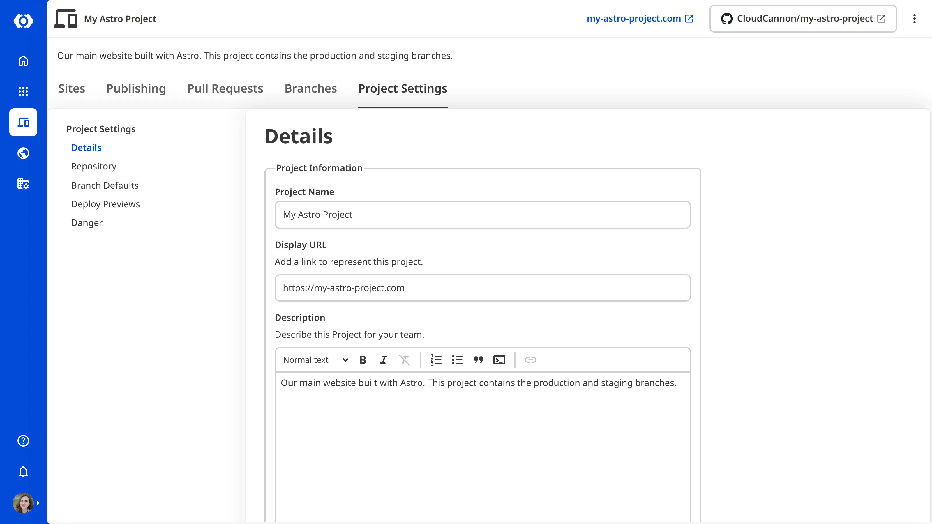 A screenshot of the Project Settings tab showing the Details section with fields for Project Name, Display URL, Description, and Related Links.