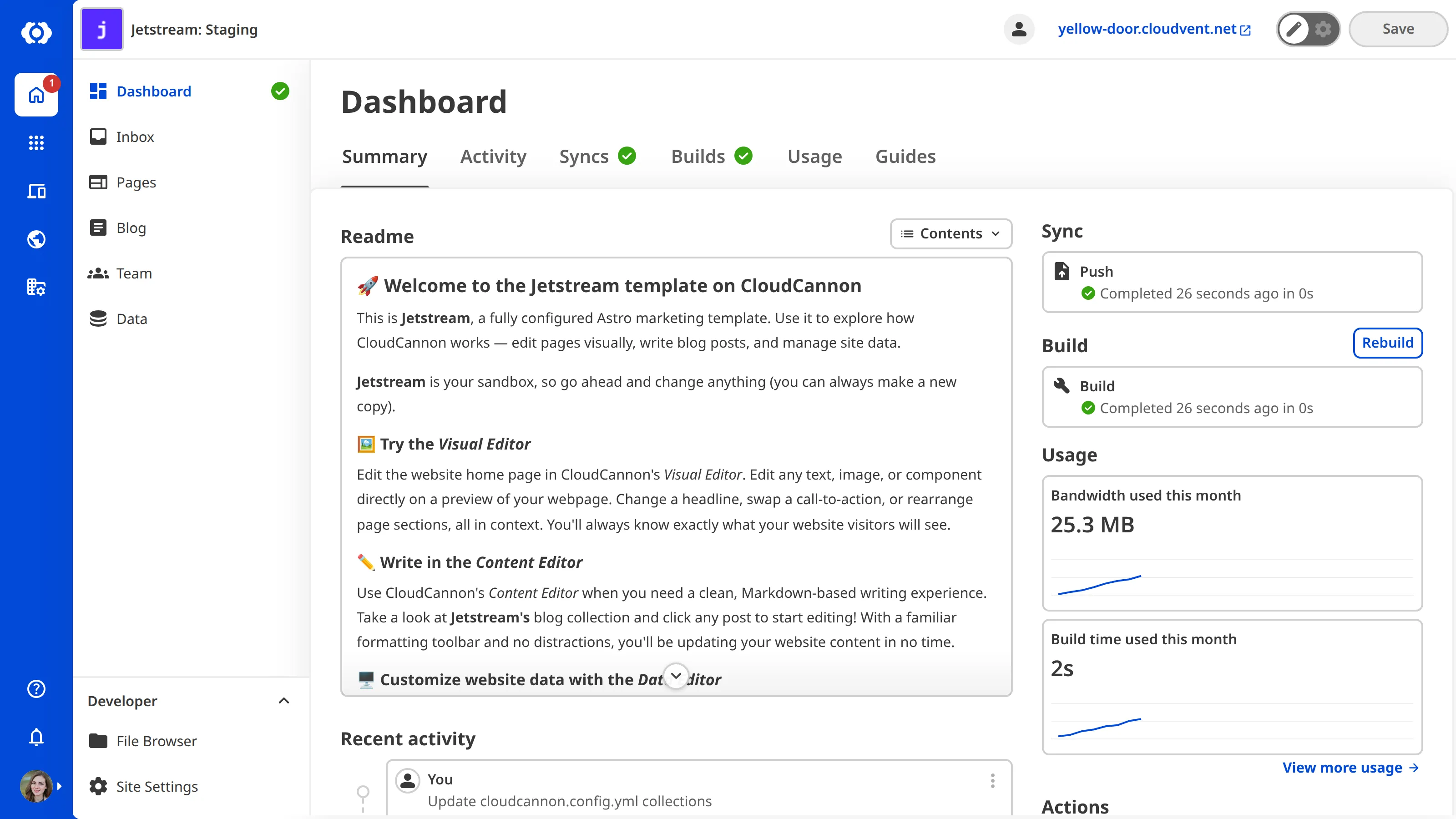 The Site Dashboard A screenshot of the Site Dashboard Summary tab shows recent Site activity and information.