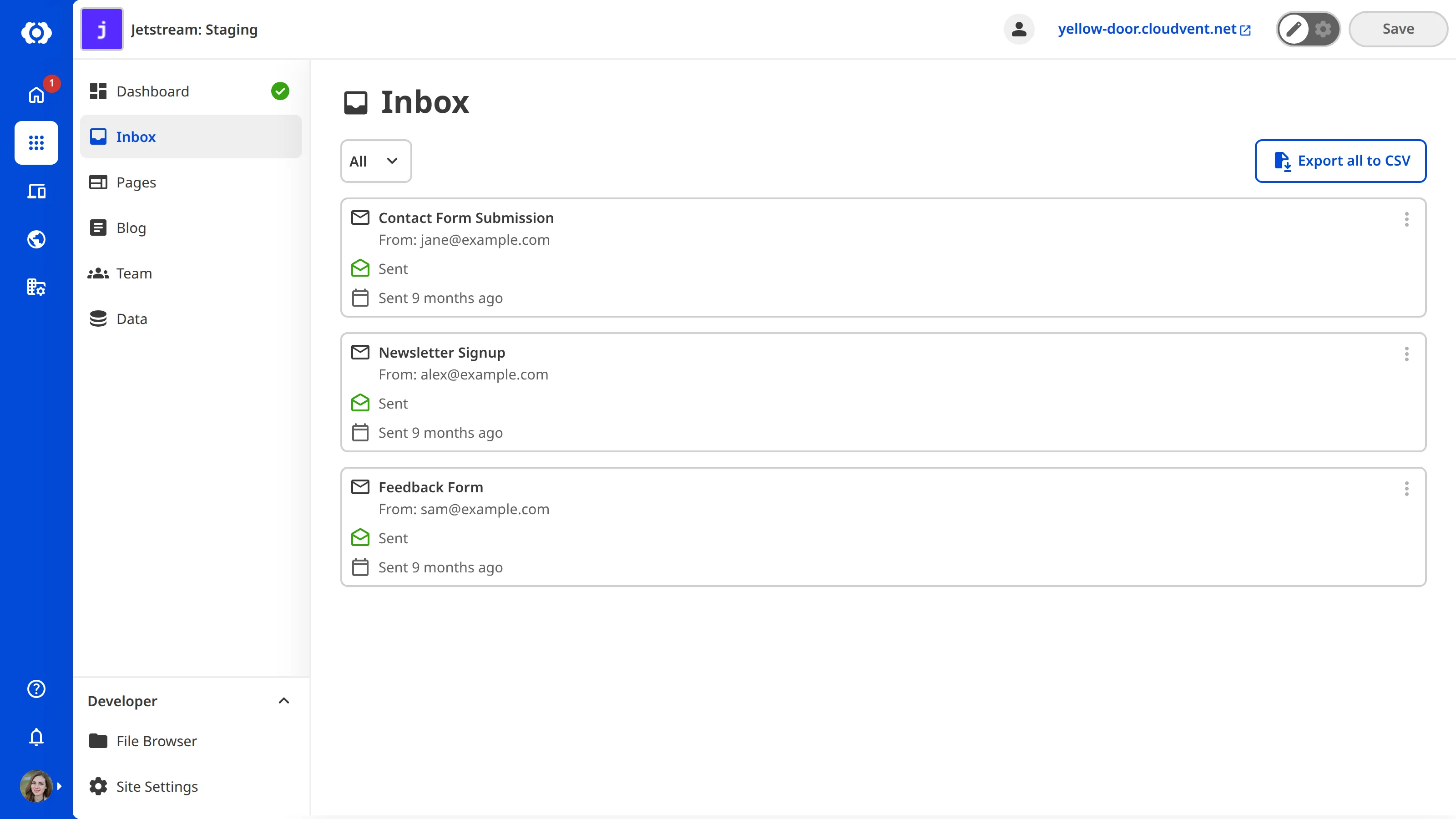 A screenshot of the Inbox shows a list of form submissions under the All category, with an Export button at the top.