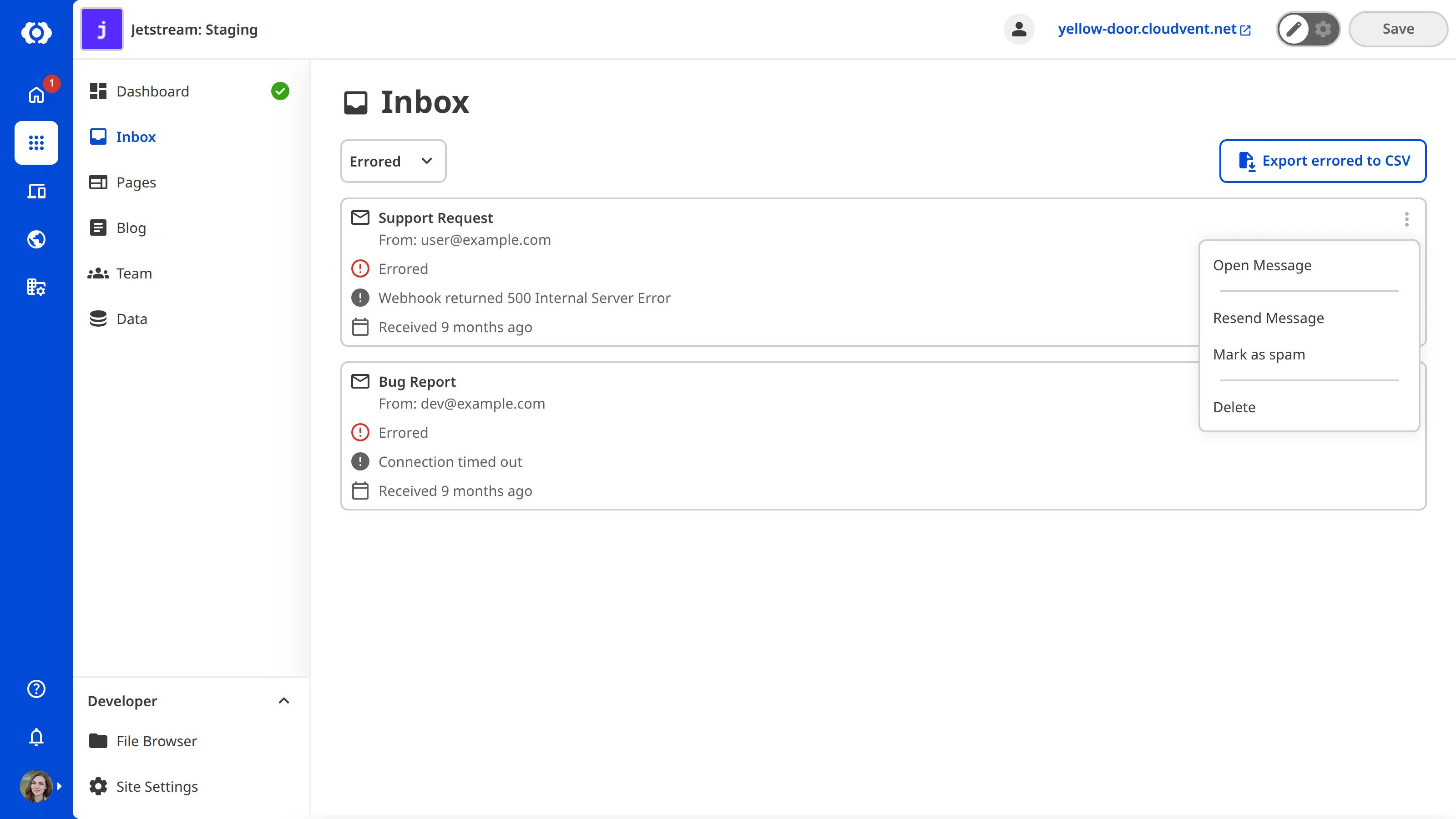 The Errored category with context menu A screenshot of the Inbox shows the Errored category with a context menu open on a submission, displaying the error message and resend option.
