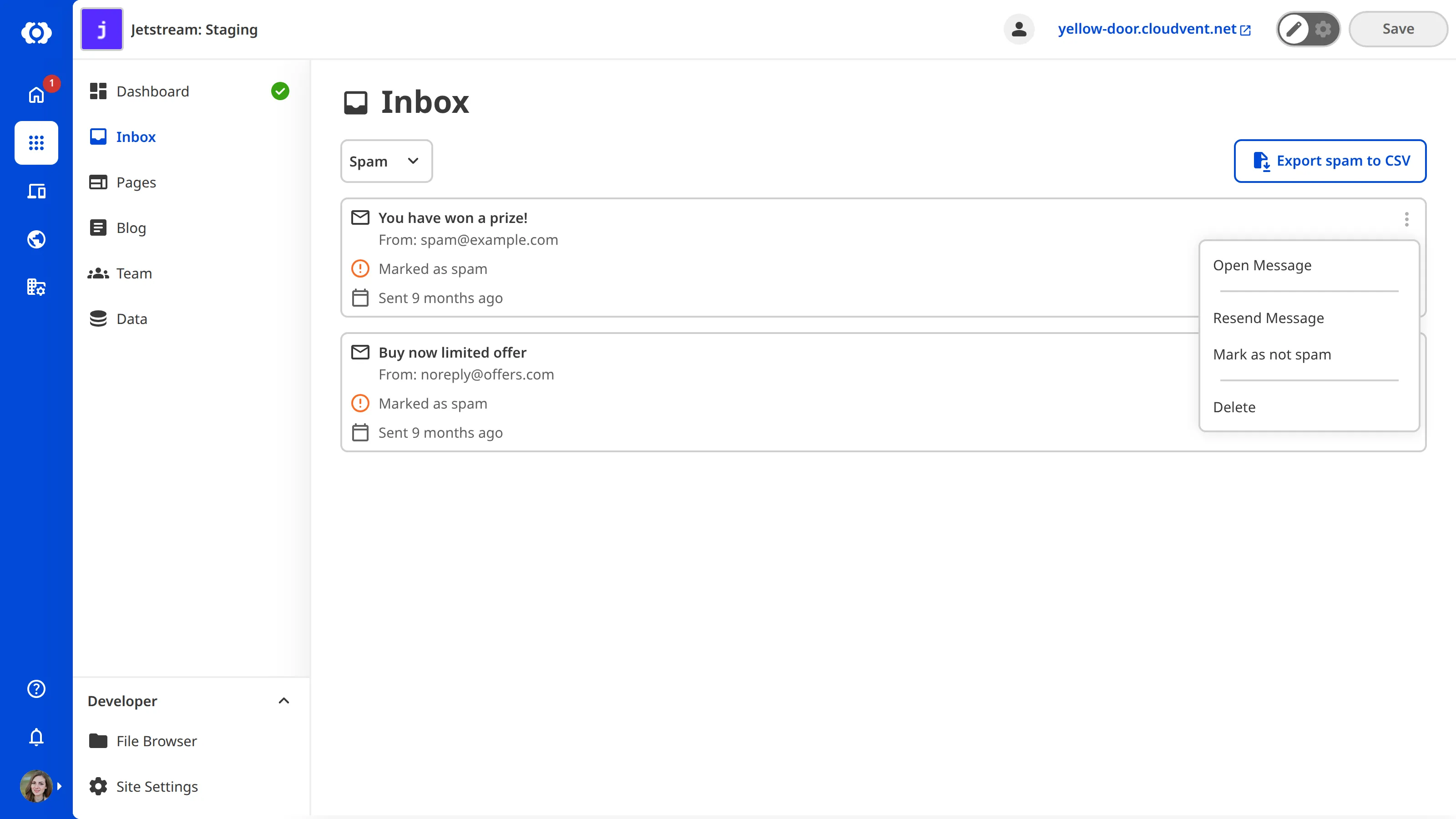 A screenshot of the Inbox shows the Spam category with a context menu open on a submission, providing options to manage the submission.