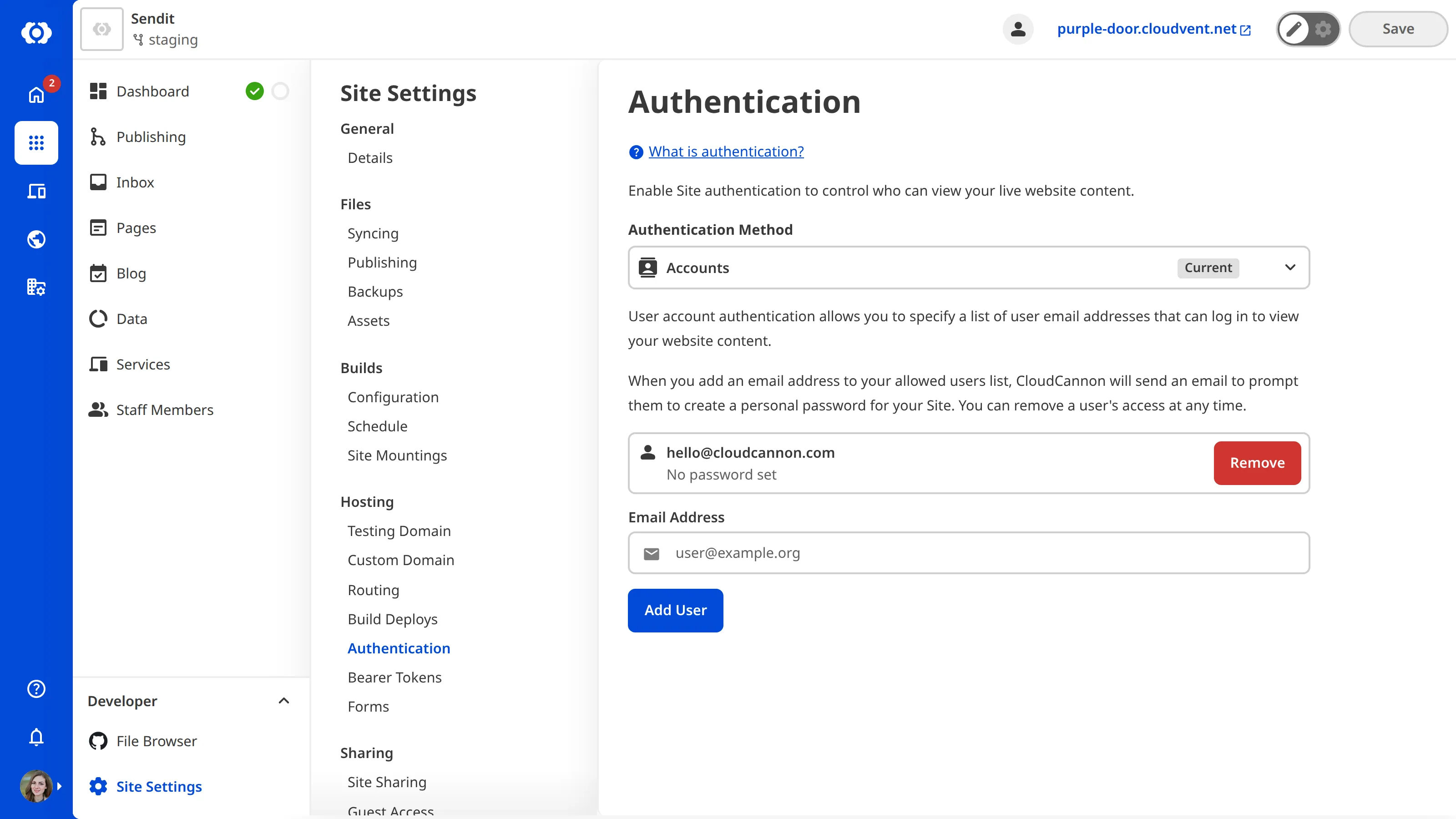 The Authentication Page A screenshot of the Authentication page shows a card for each user you have invited to your Site.