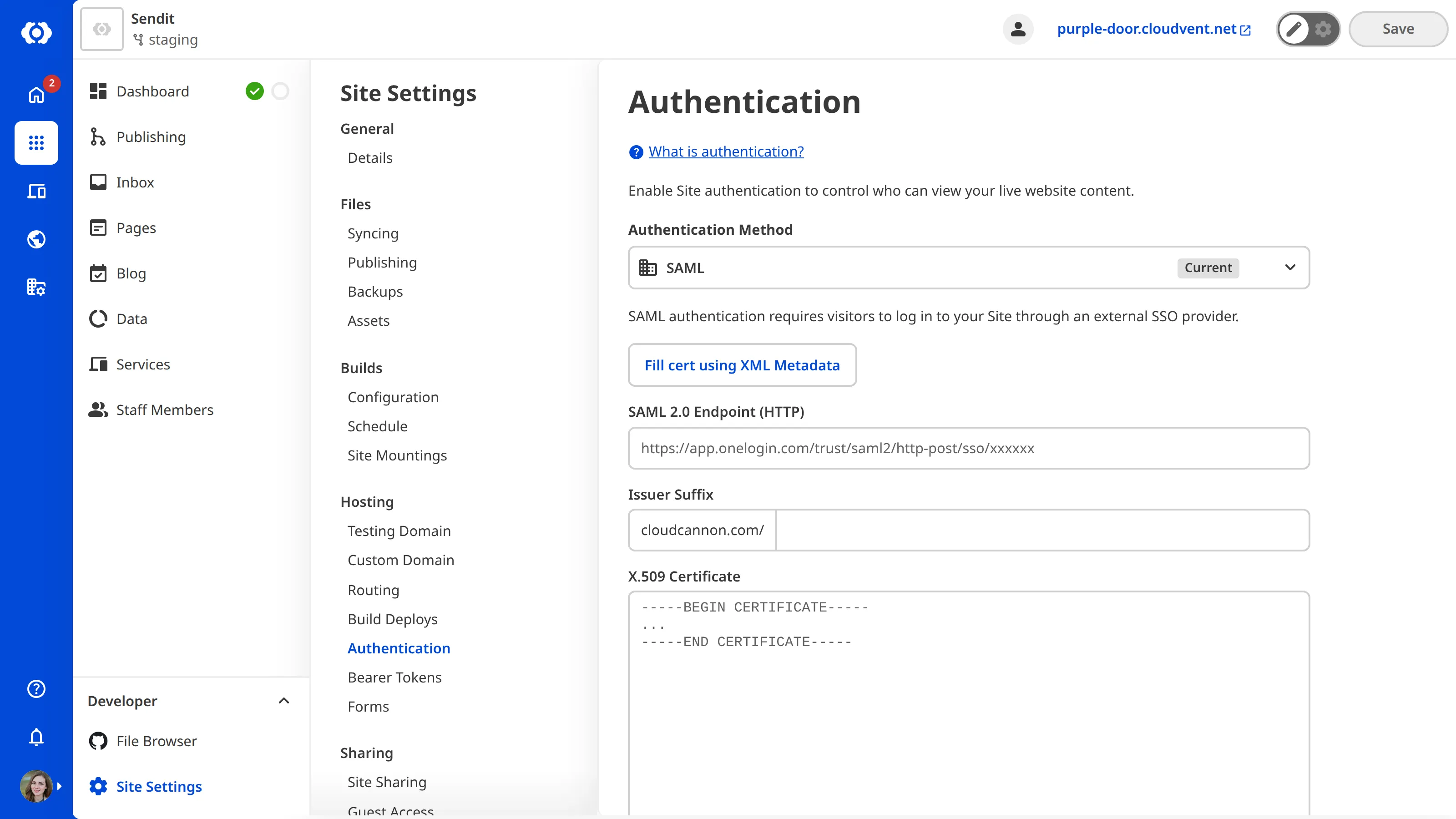 A screenshot of the Authentication page shows fields for SAML 2.0 Endpoint (HTTP), Issuer Suffix , and X.509 Certificate.