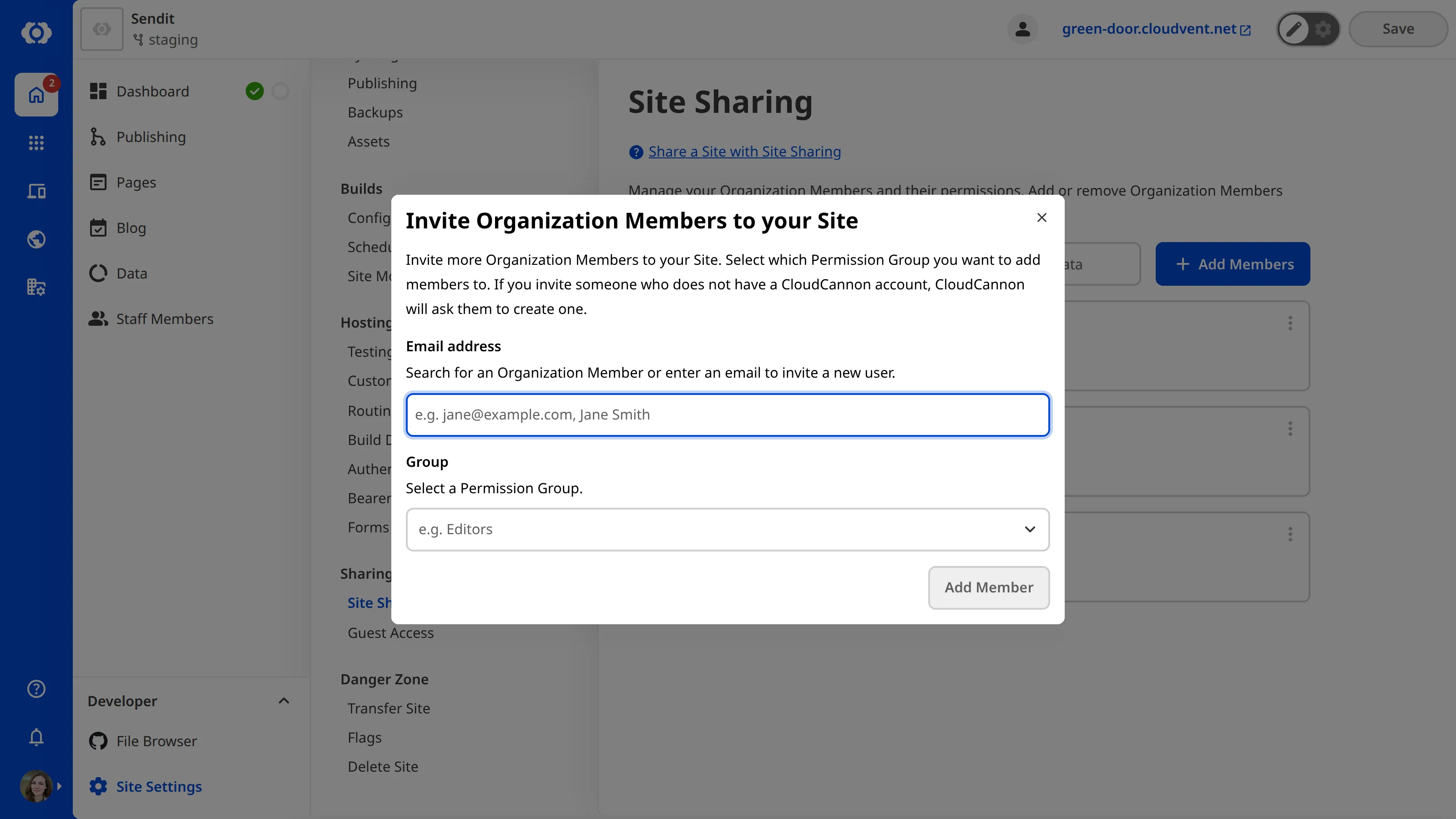 A screenshot of the Invite Organization Members to your Site modal shows two fields, one for email addresses and one for a Permission Group.