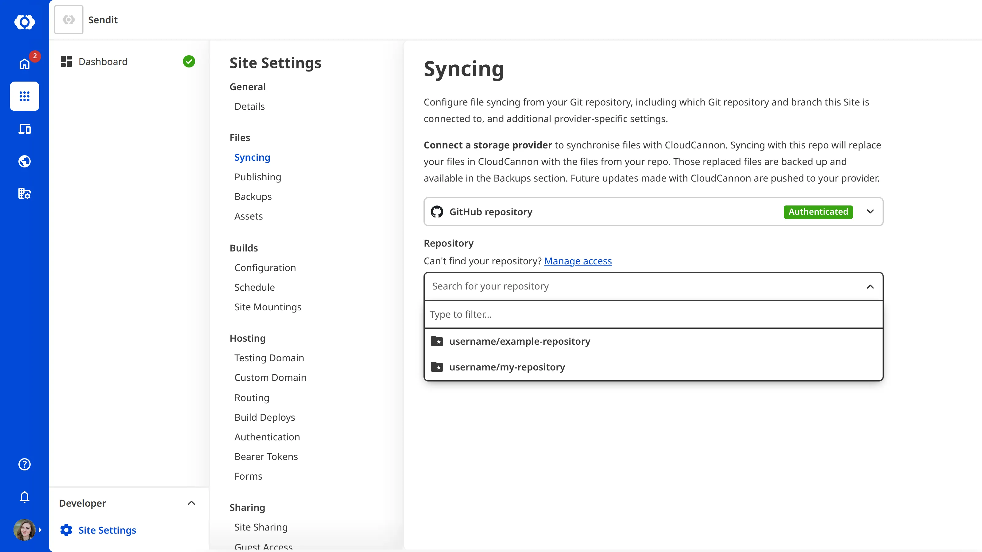 A screenshot of the Syncing page under Site Settings shows the Repository dropdown open, listing the Git Repositories CloudCannon can access on GitHub.