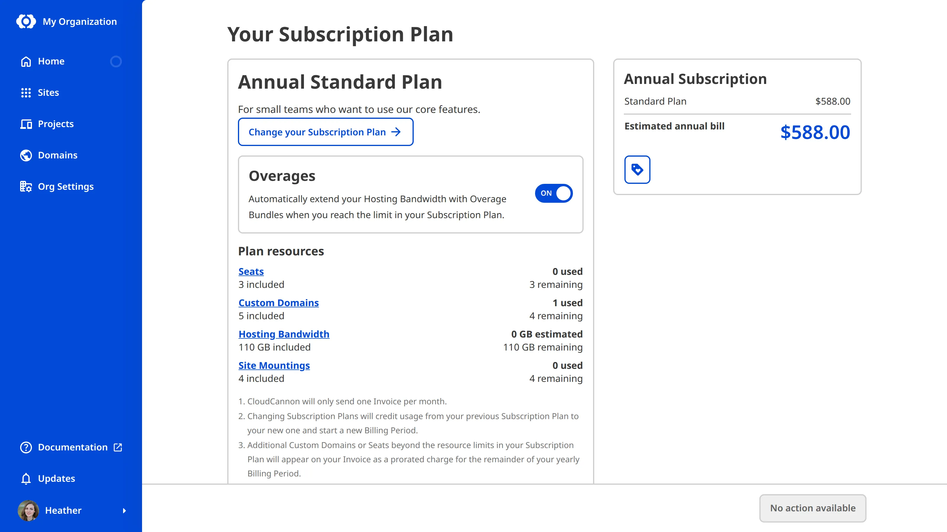 A screenshot of the Your Subscription Plan page shows the Overages toggle, plan resources, and estimated bill.