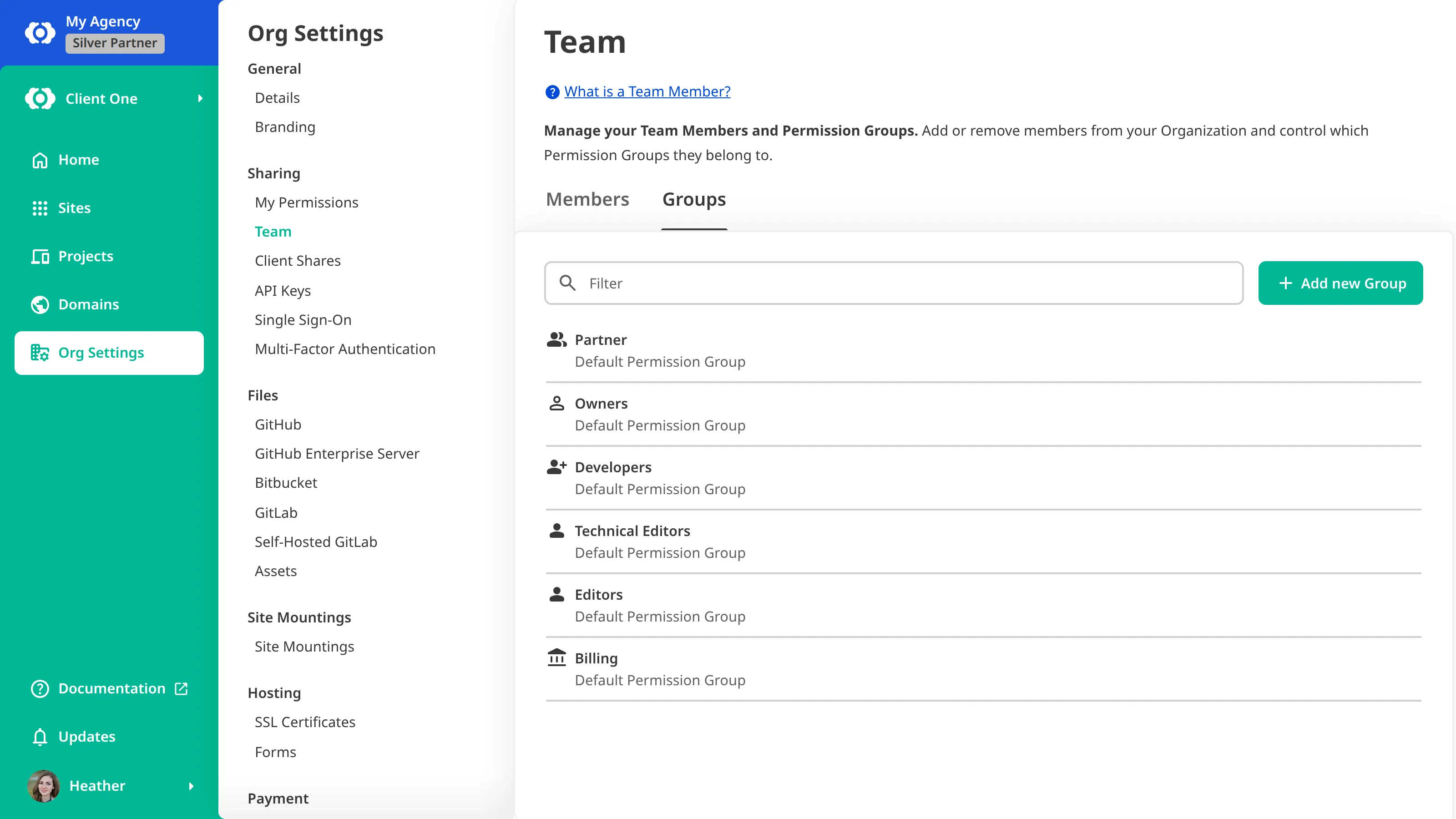 A screenshot of the Groups tab on the Team page of a Client Organization shows the Partner group at the top of the list, above the Owners, Developers, Technical Editors, Editors, and Billing groups, each labeled a Default Permission Group.