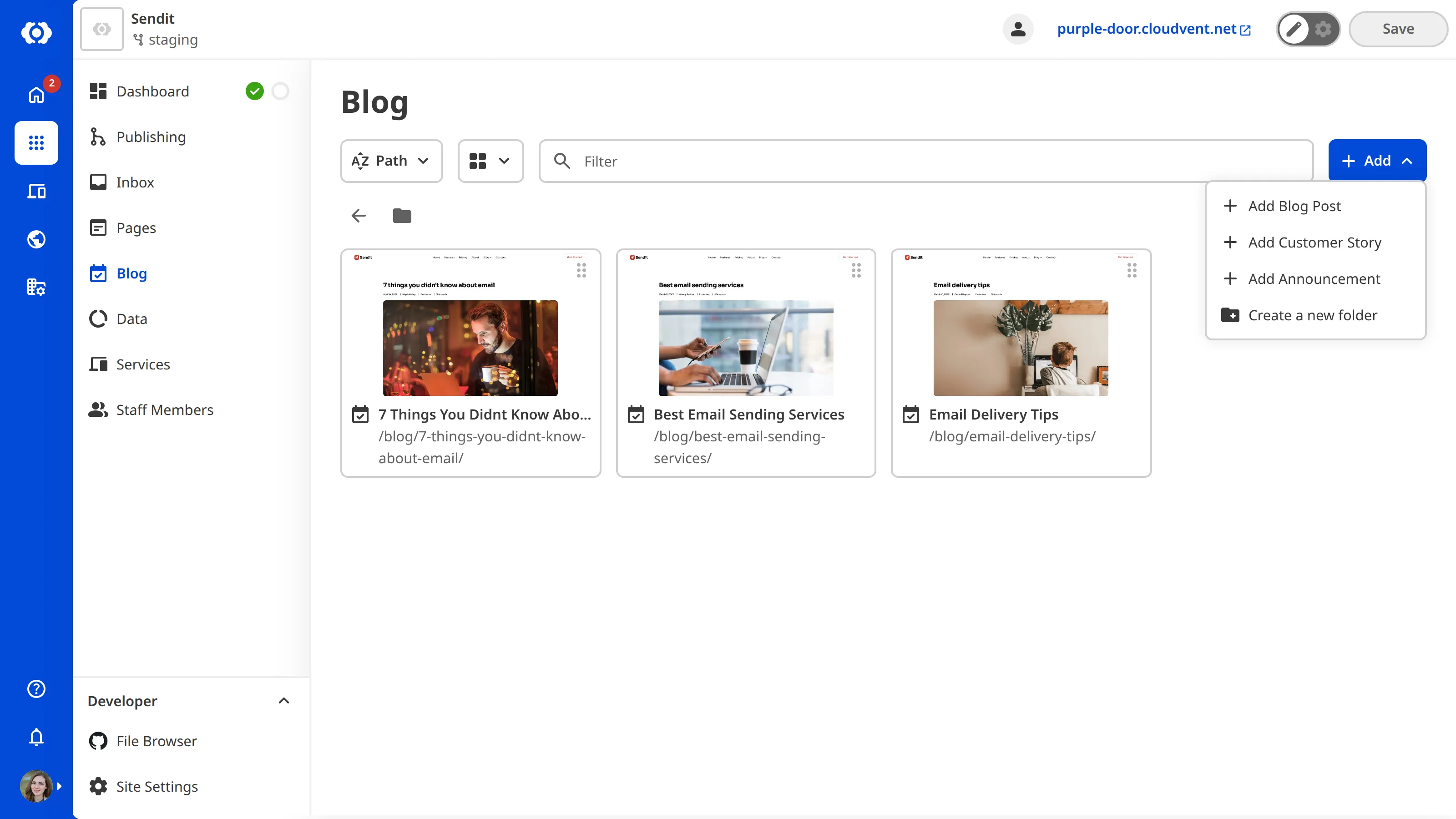 A closeup of the Collection Browser Add menu shows a schema for creating new articles.