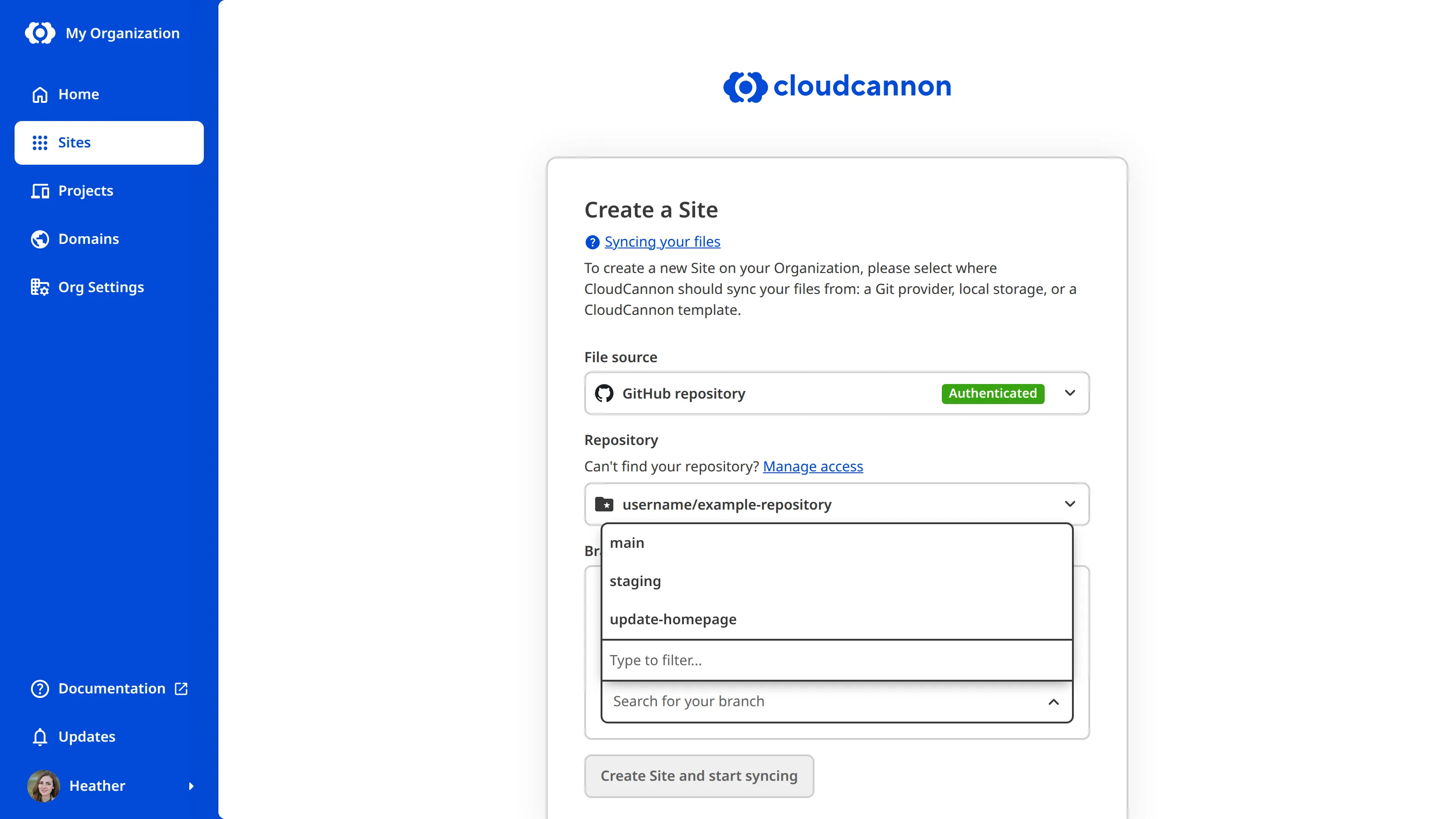 The Create a Site page A screenshot of the Create a Site page shows the Use an existing branch radio button and the Branch dropdown.