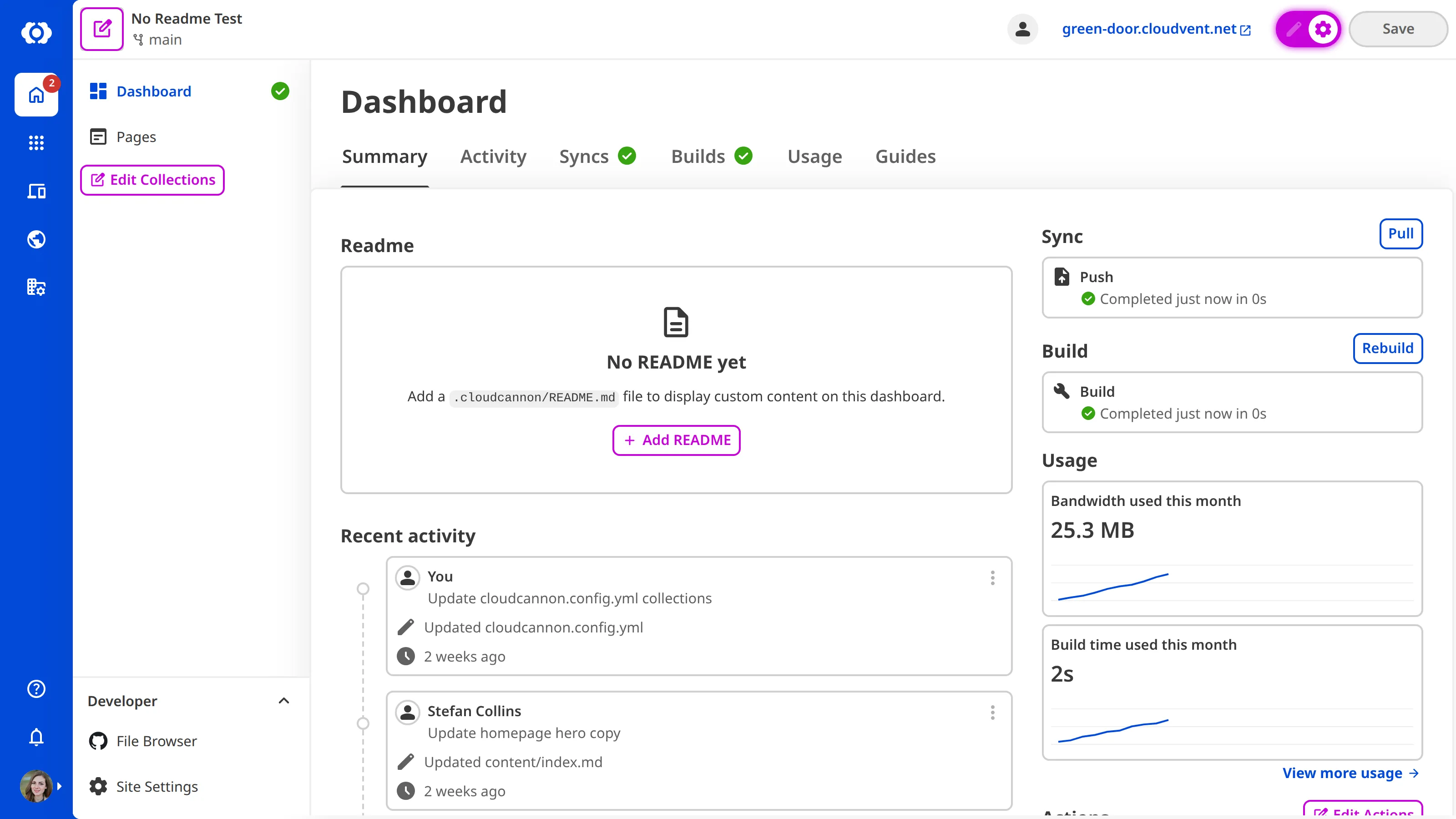 A screenshot of the Site Dashboard with Configuration Mode on shows a purple + Add README button.
