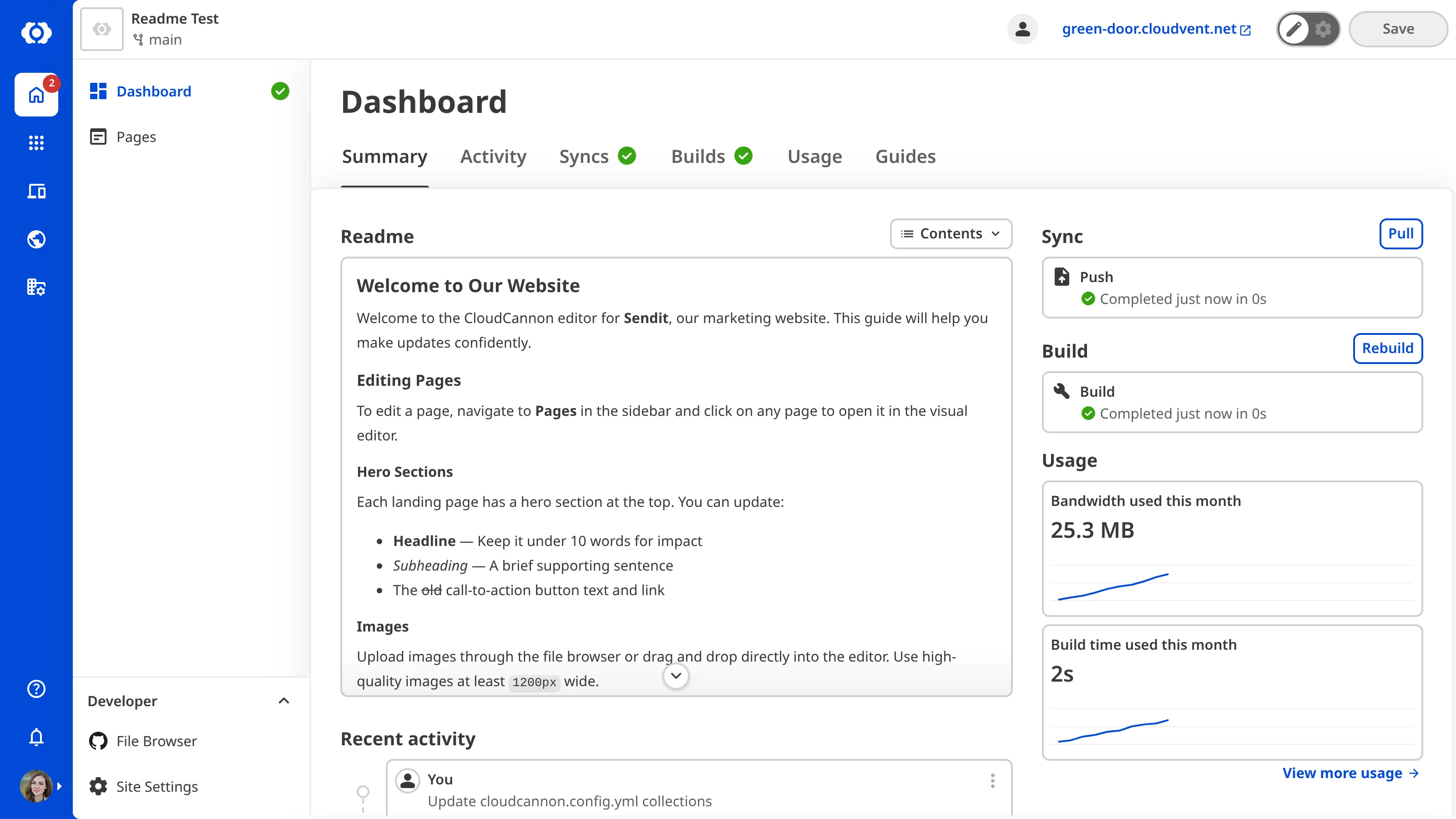 A screenshot of the Site Dashboard shows custom Markdown content at the top of the Summary tab.