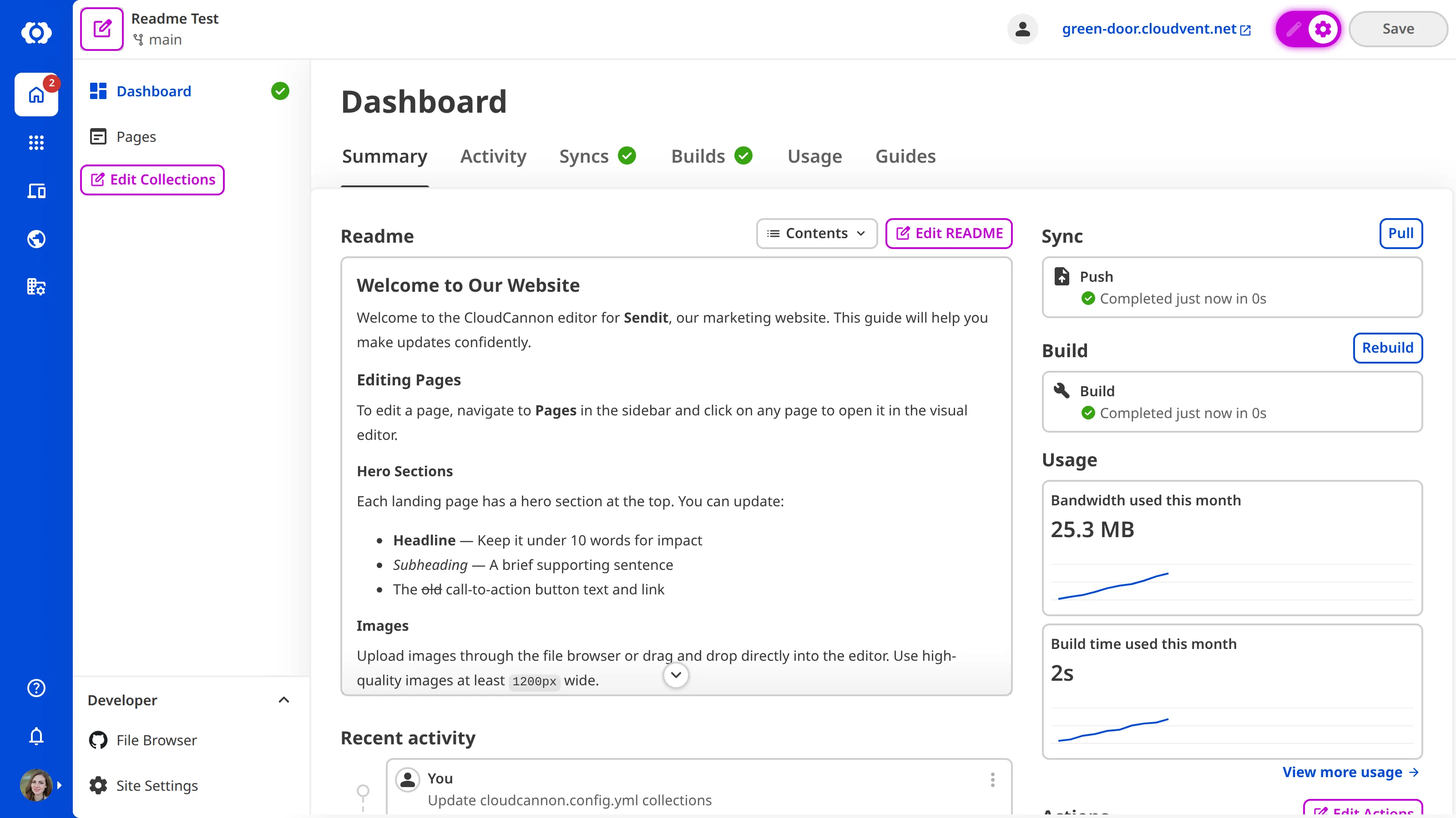 A screenshot of the Site Dashboard with Configuration Mode on shows a purple Edit README button.