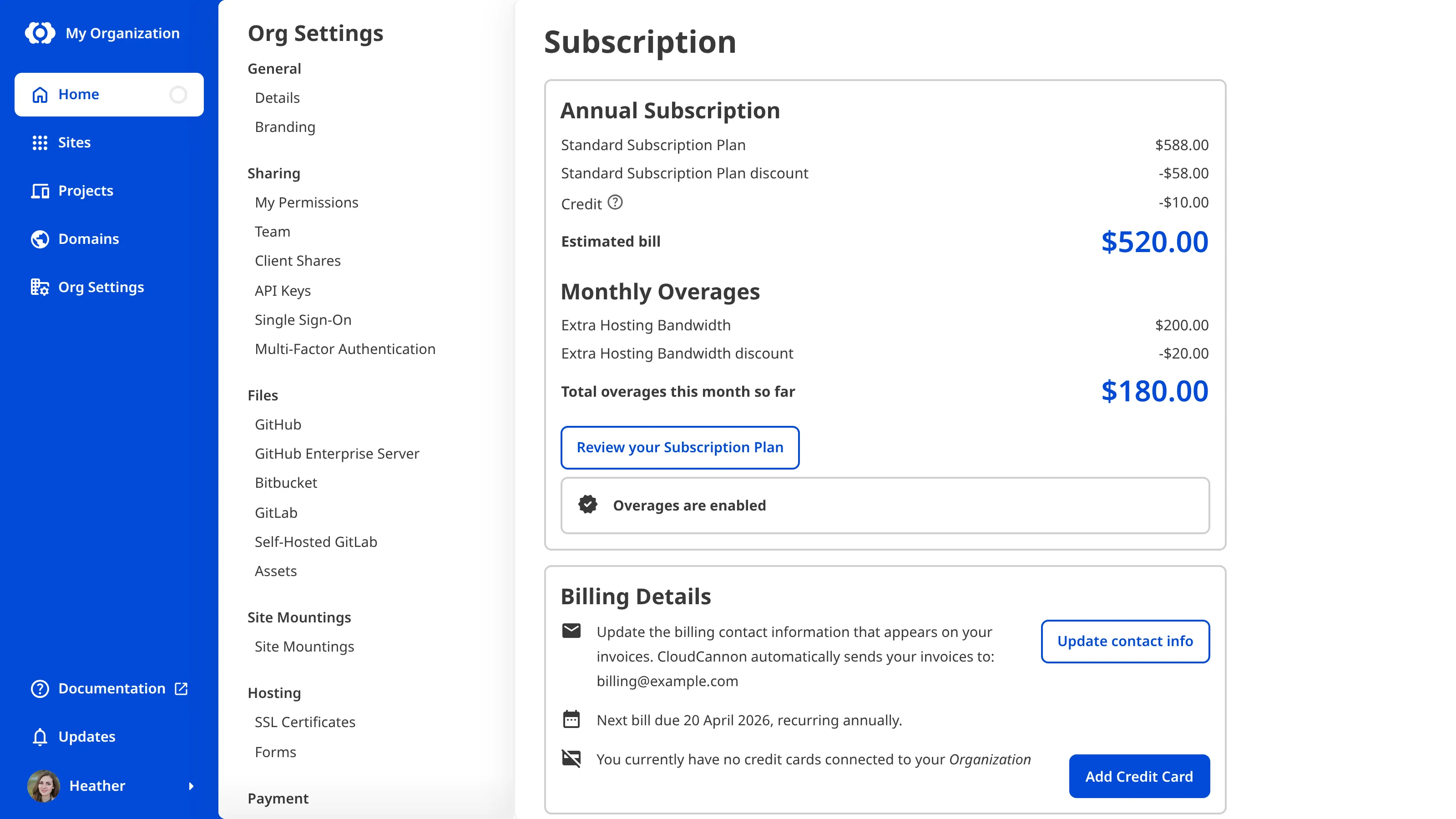 A screenshot of the Subscription page shows the billing summary, including the current plan, estimated bill, and billing details.
