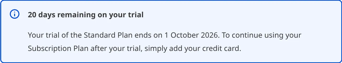 A screenshot of the Subscription page shows a banner with the number of days remaining on the trial and a prompt to add a credit card.