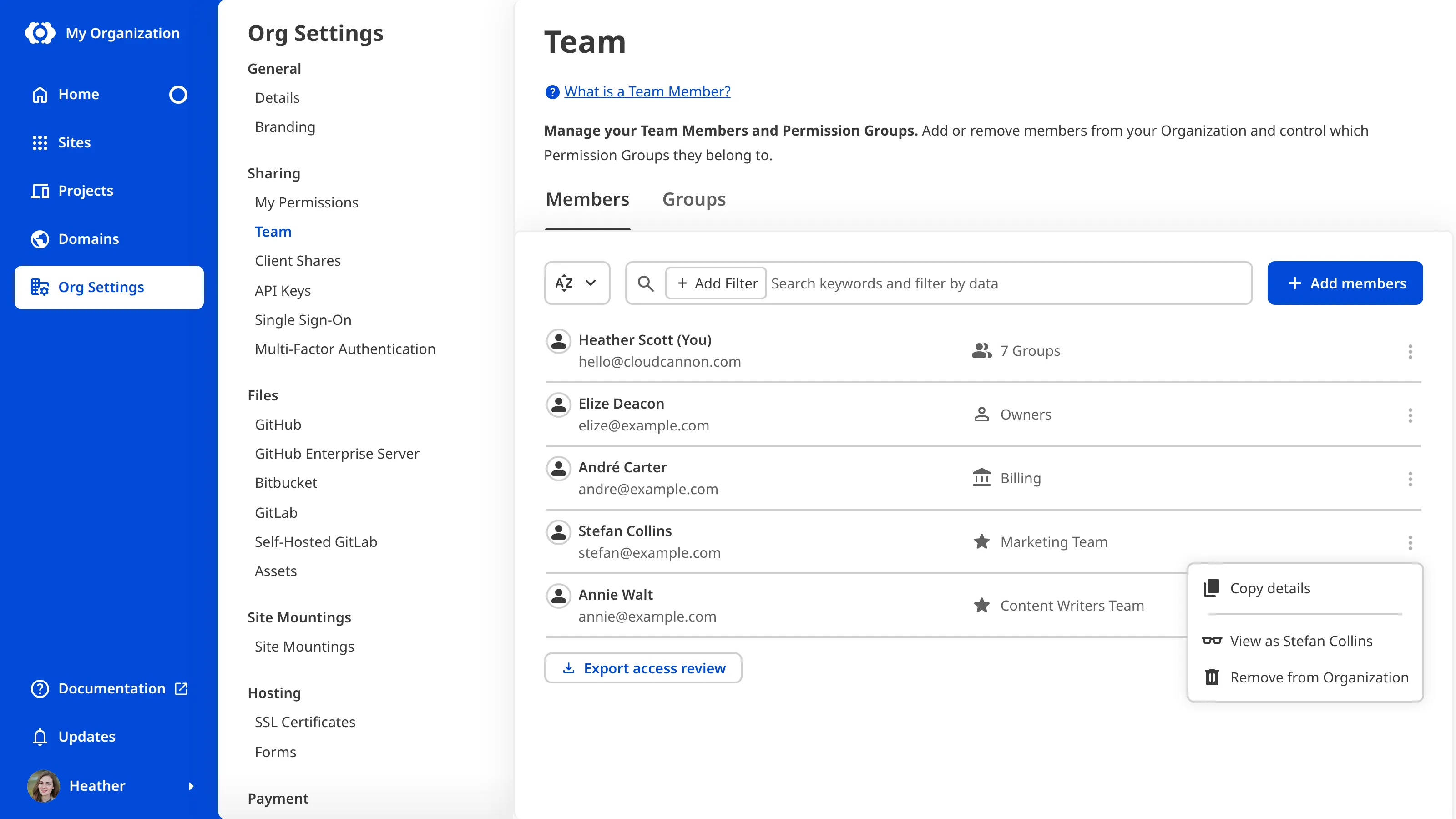 A screenshot of the Team page shows a Team Member's context menu open, with the View as option listed alongside Copy details and Remove from Organization.
