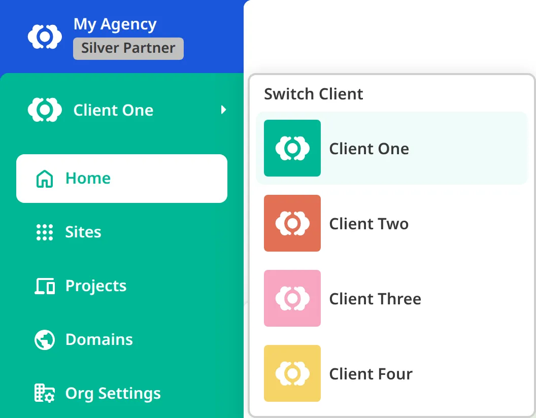 A screenshot of the App Sidebar shows the Switch Client menu open, listing the partner's Client Organizations, with a Partner Organization card above the current Client Organization card.