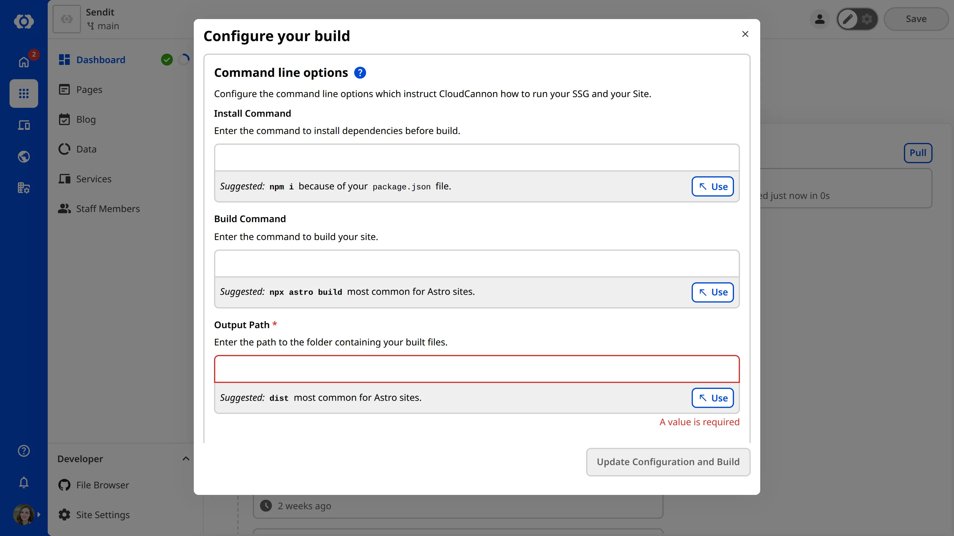 A screenshot of the Configure your build modal shows gray boxes containing CloudCannon's suggestions for your command line options.